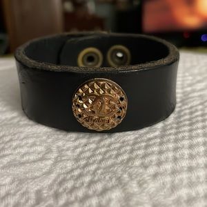 Black Leather Bracelet with Gold Accent
